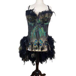 Fantasy Masquerade Peacock Feather Corset Dress Burlesque Gothic Steampunk Hi Lo